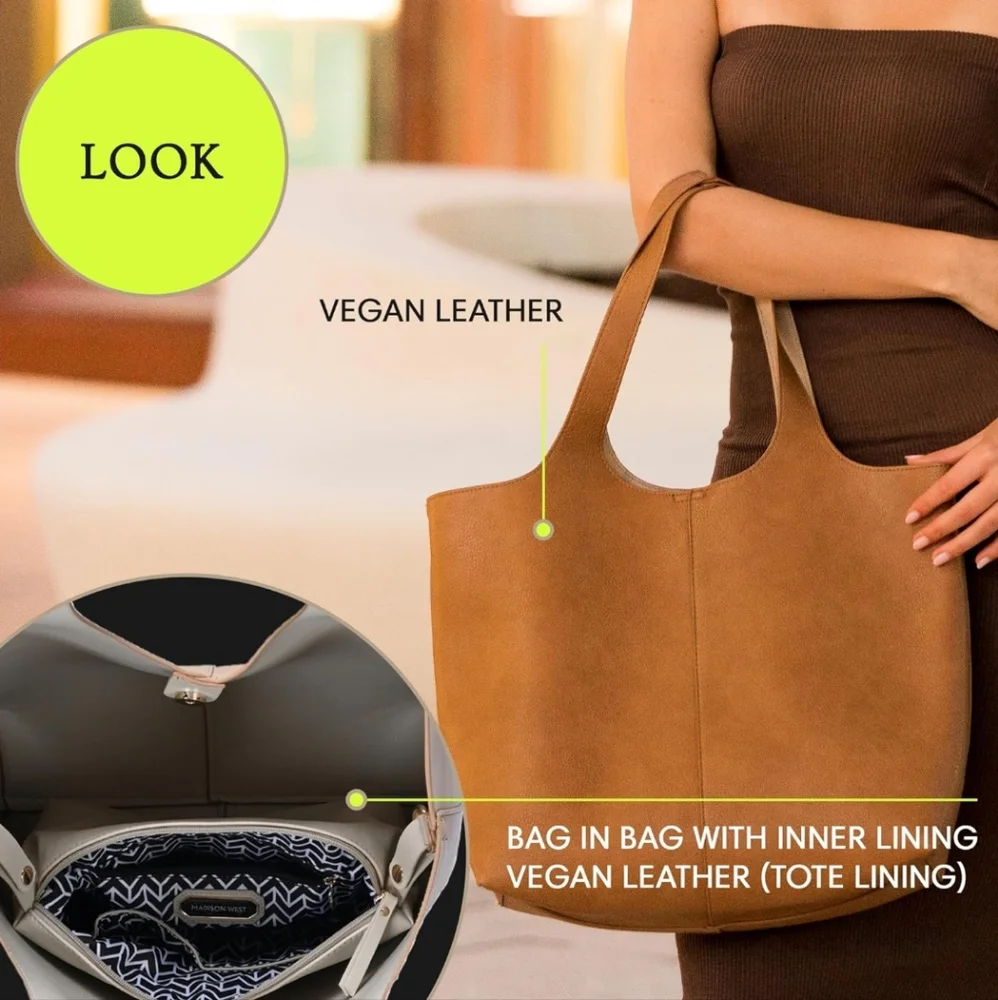 🆕Madison West Elle Tote | Vegan Leather Tote Bags w Double Handles & Scoop Neck - Picture 4 of 6